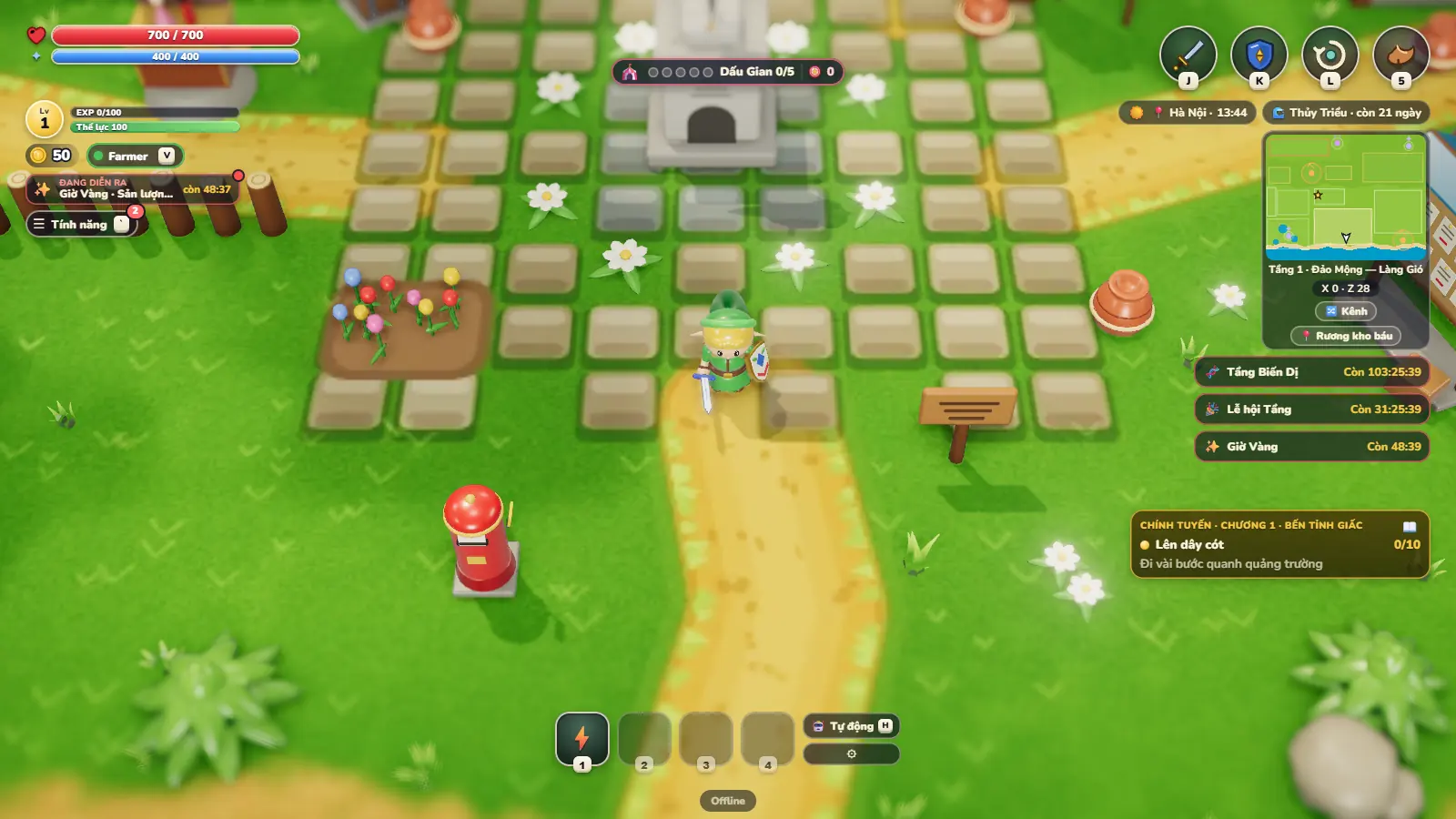 Isle of Dreams gameplay: a small hero in a green cap walks a yellow path through a toy-style village, with health bars, a quest tracker and a minimap around the edges.